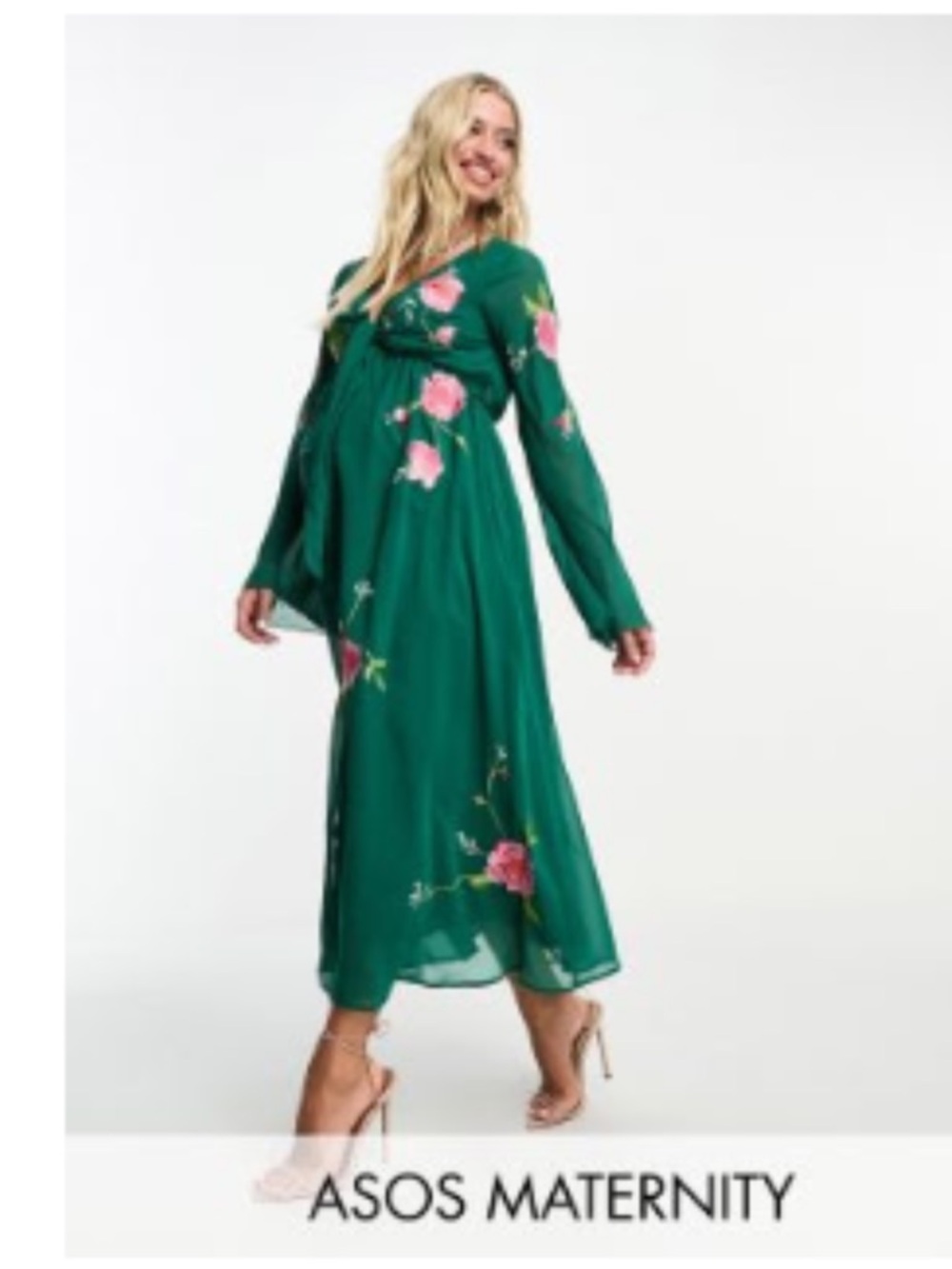 ASOS DESIGN Maternity tie front button down midi dress with floral embroidery